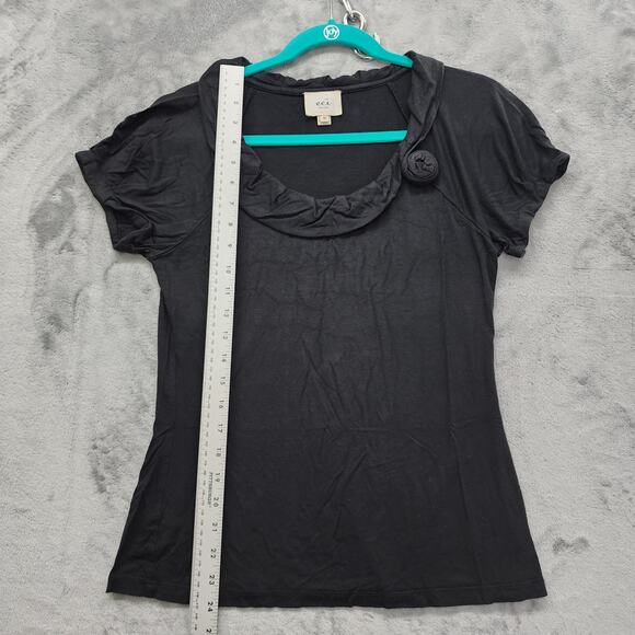 eci NY Ruffled Scoop Neck Rosette Puff Sleeve Tee Size M Black Stretchy Casual - Picture 6 of 7